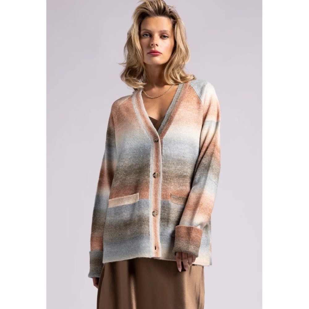 Weekend LA Womens Niko Cardigan Stripe V-Neck Fall Sweater Sz S Oversized